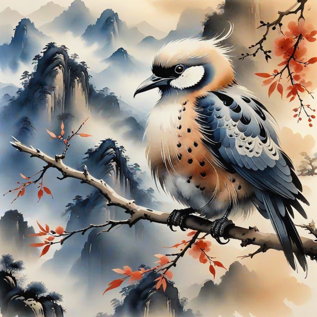 Majestic Bird in Sumi-e Style Ink Painting