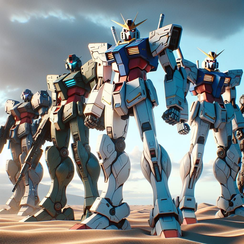 Futuristic Battle Robots in Desert, Flat-Color Anime Style