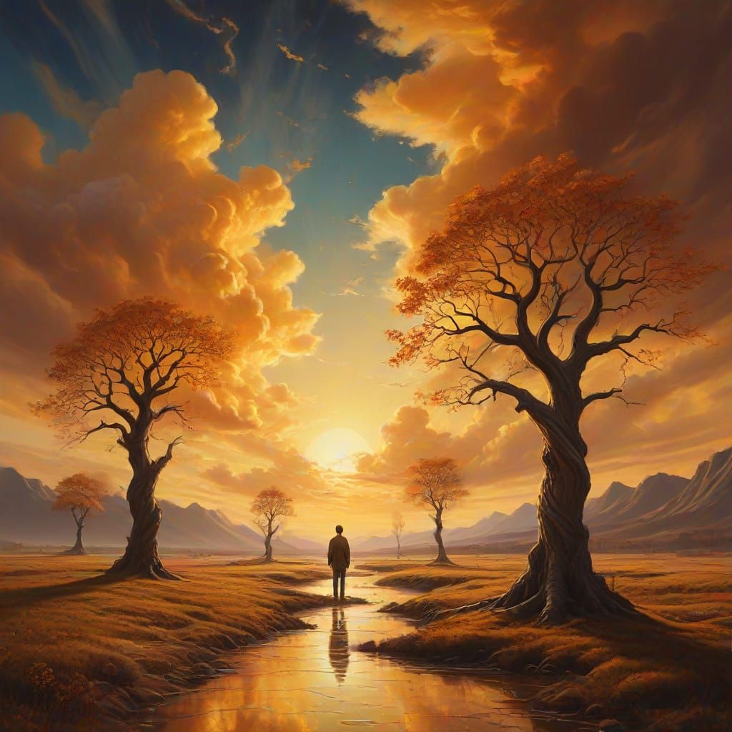 Dreamlike Figure in Golden Surrealist Landscape