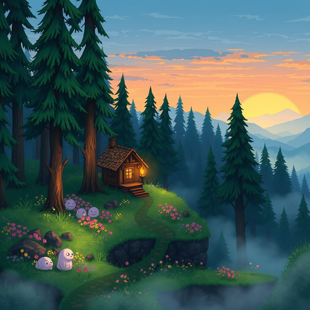 Pixel-Art Terraria Forest Biome at Sunrise