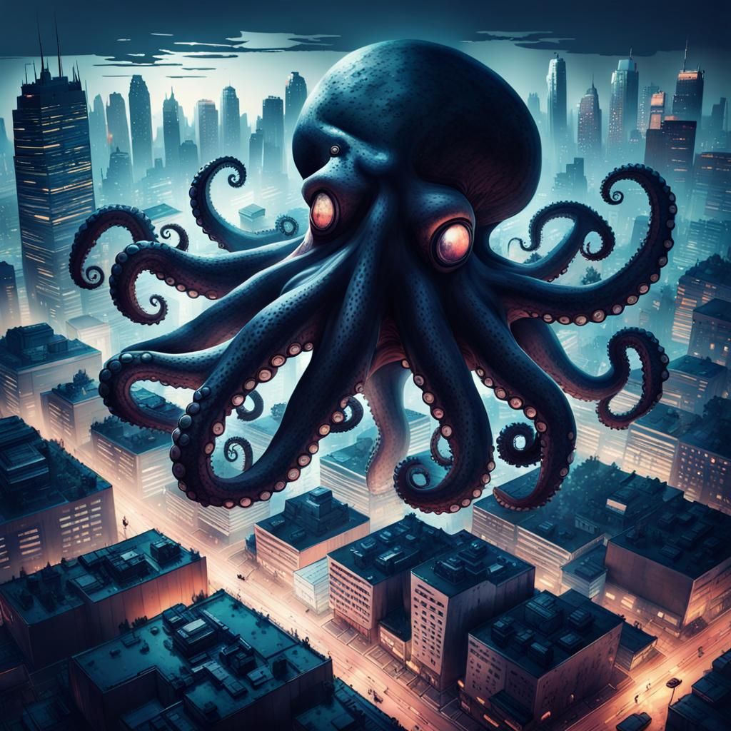 Cyberpunk Octopus Shadow over Metropolis