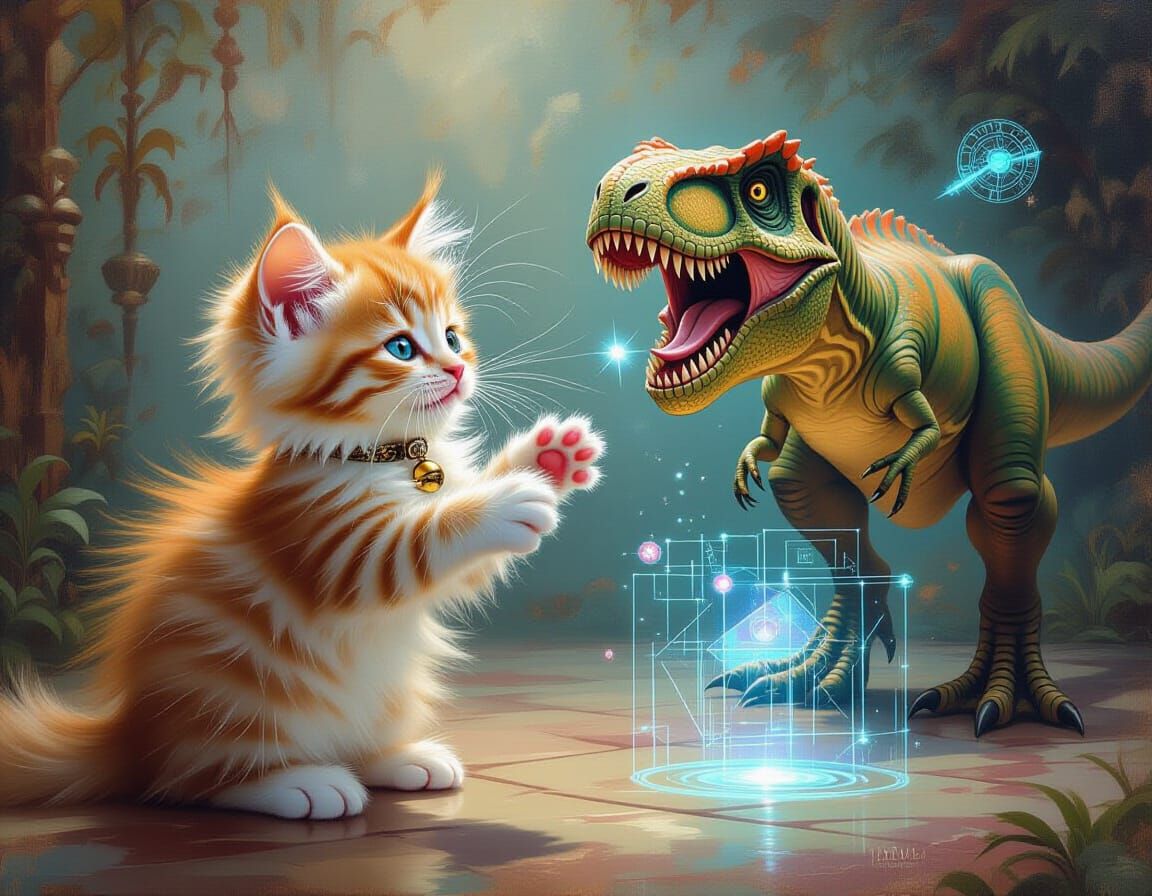 Kitten vs T-Rex: Hyperrealistic Oil Painting
