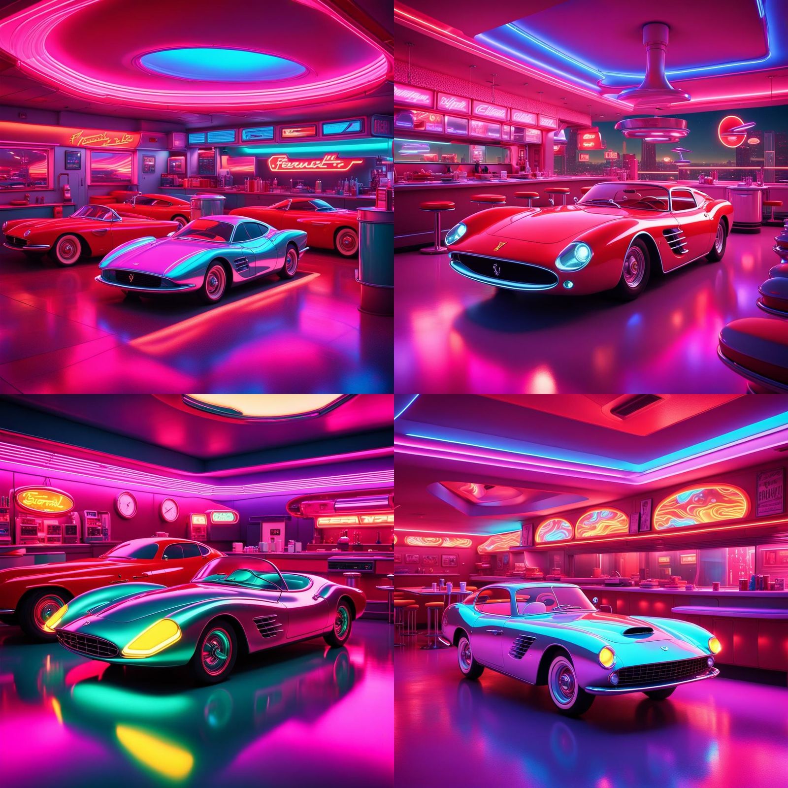Futuristic Ferraris in Neon Diner: Vaporwave Concept Art