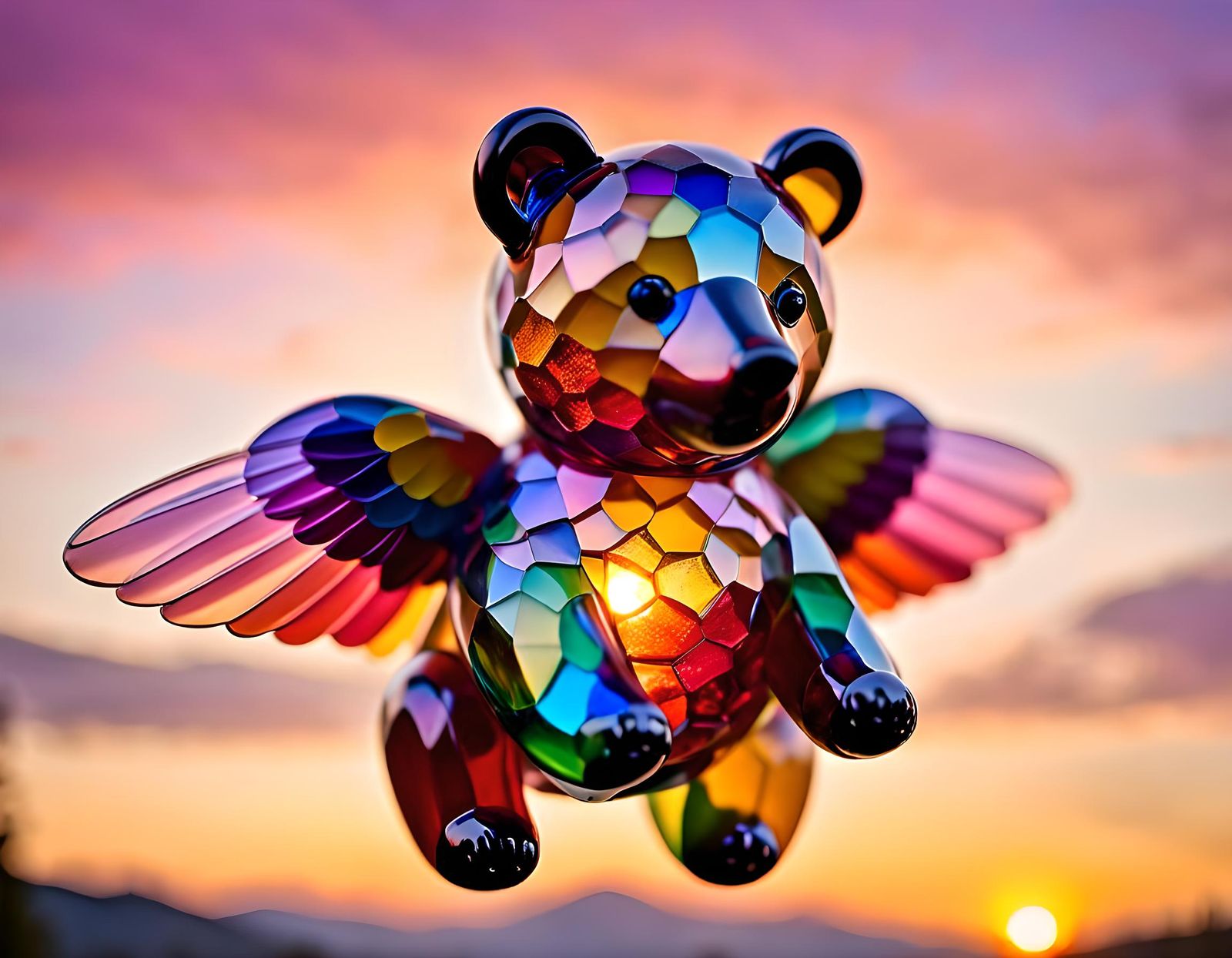Flying Glass Bear with Sunset Background
