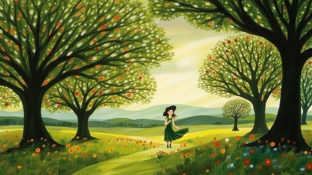 Whimsical Summer in a Vibrant Orchard, Ink Splash Art