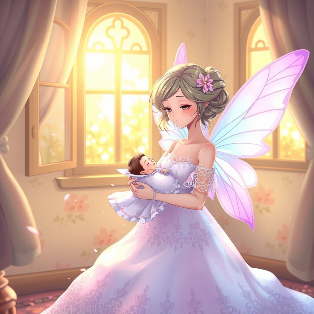 Delicate Fairy Mother Cradles Newborn in Whimsical Anime Hom...