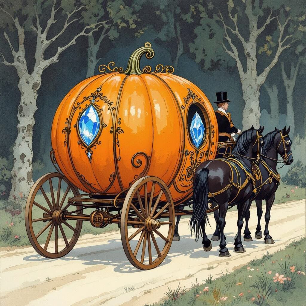 Pumpkin Carriage Pulled by Dark Horses in Arthur Rackham Sty...