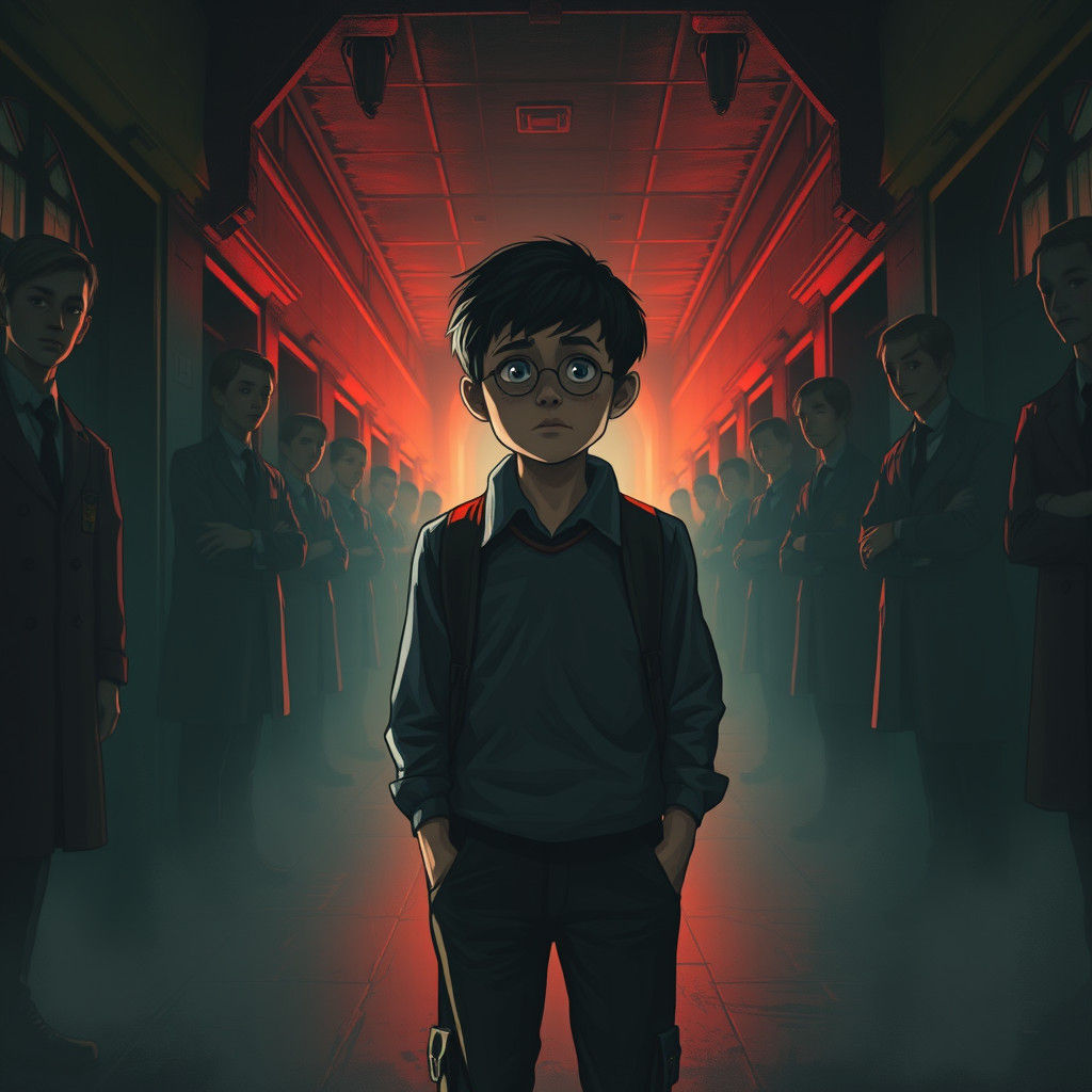 Eerie School Hallway Scene in Dystopian Style