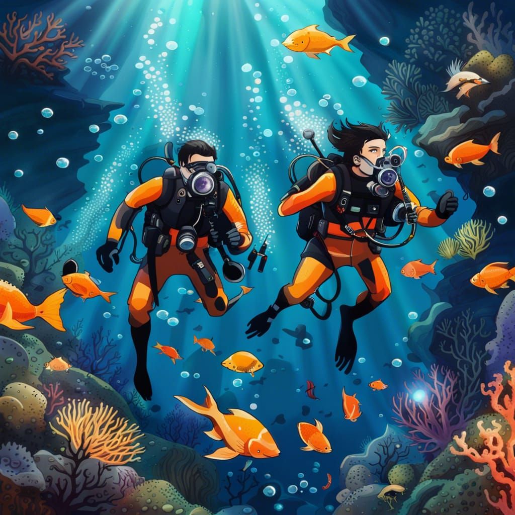 Scuba Divers Explore Coral Reef in Anime Style