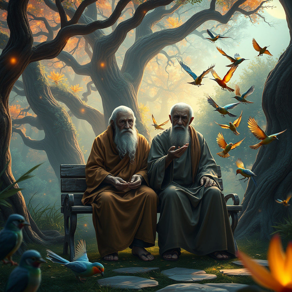 Aged Sages in Mystical Park with Iridescent Birds