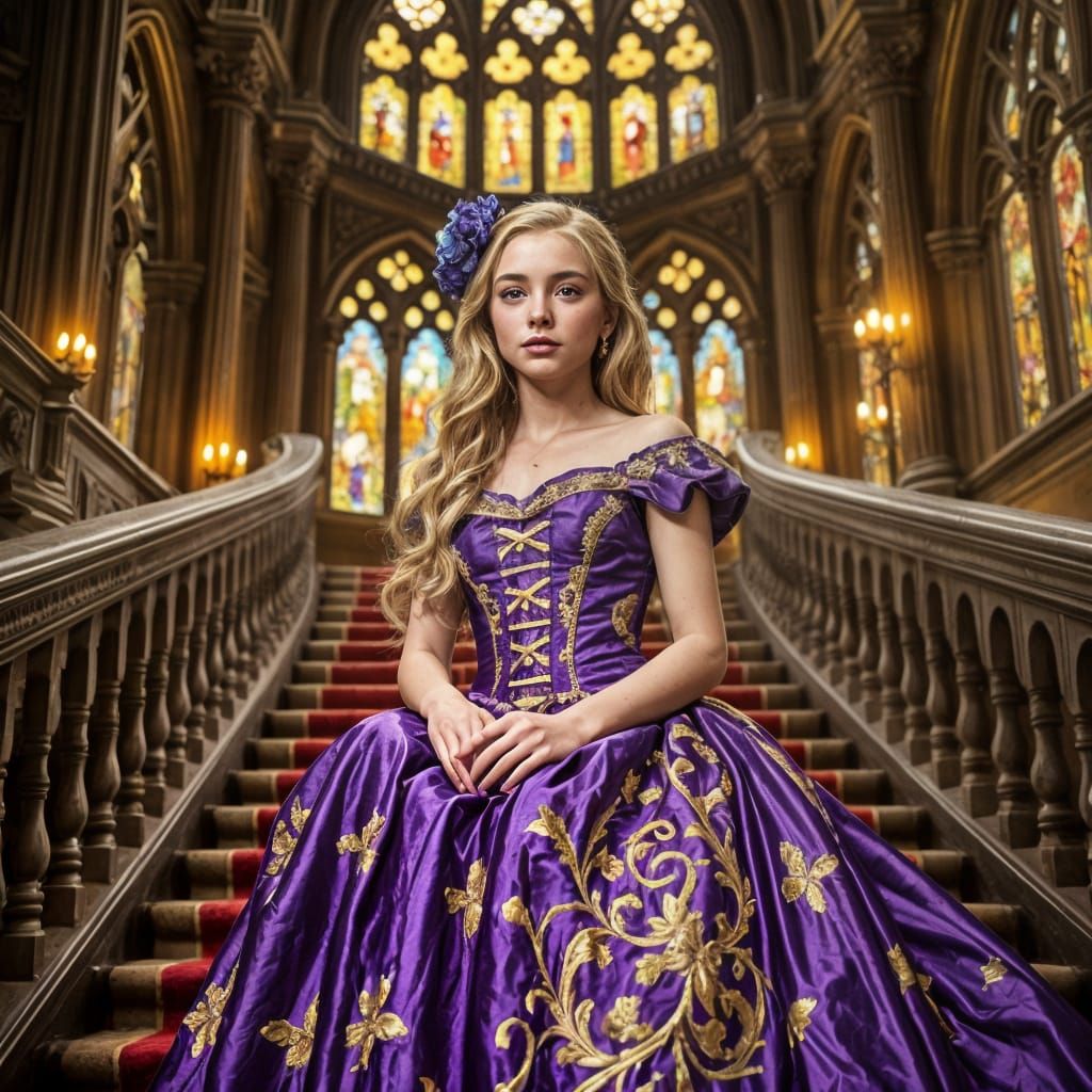 Teenager in Violet Gown at Gothic Castle