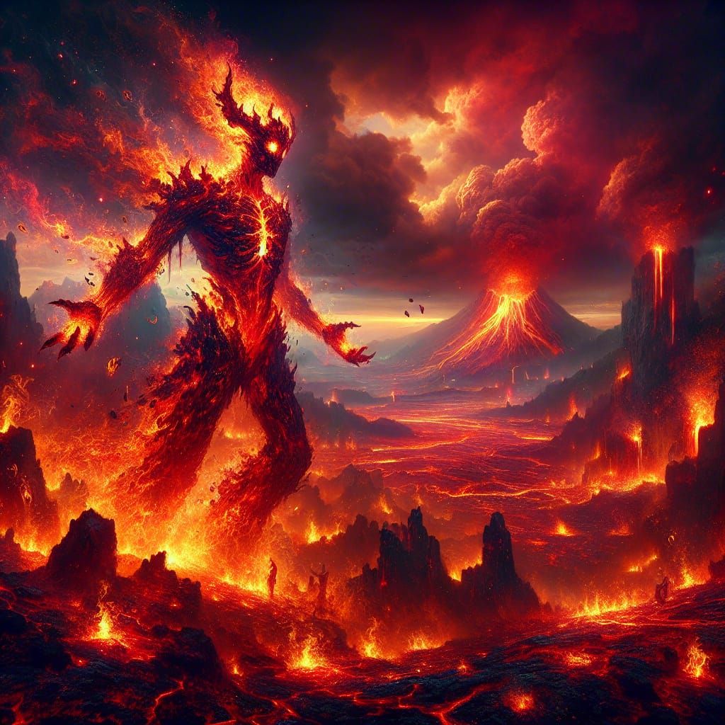 Dramatic Fire Elemental in Volcanic Landscape