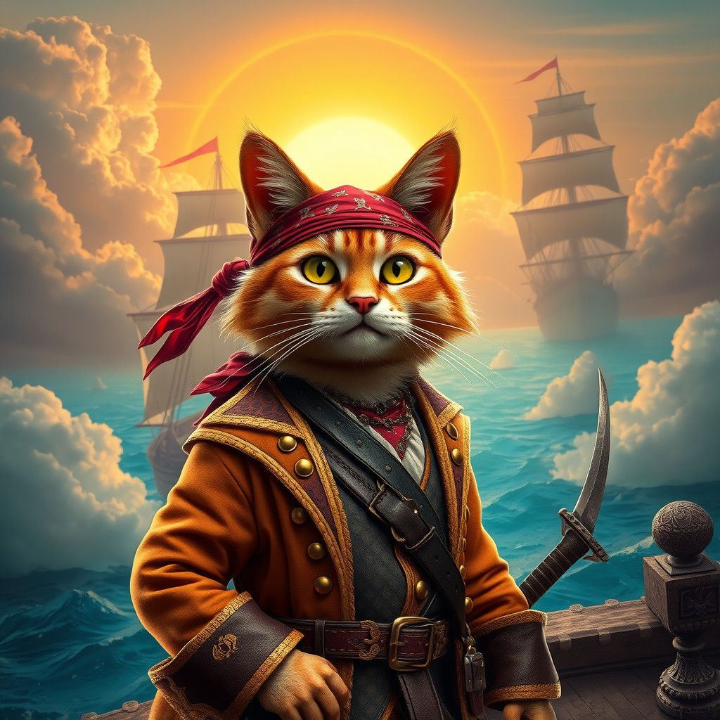 Cat Pirate Captain on Fantasy Ship, Digital Painting