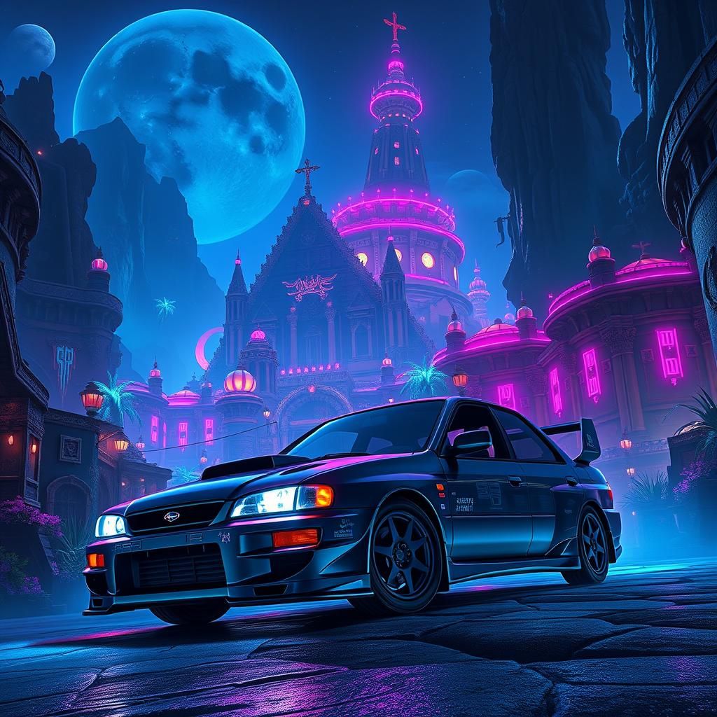 Subaru WRX in a Neon Cyberpunk Cityscape
