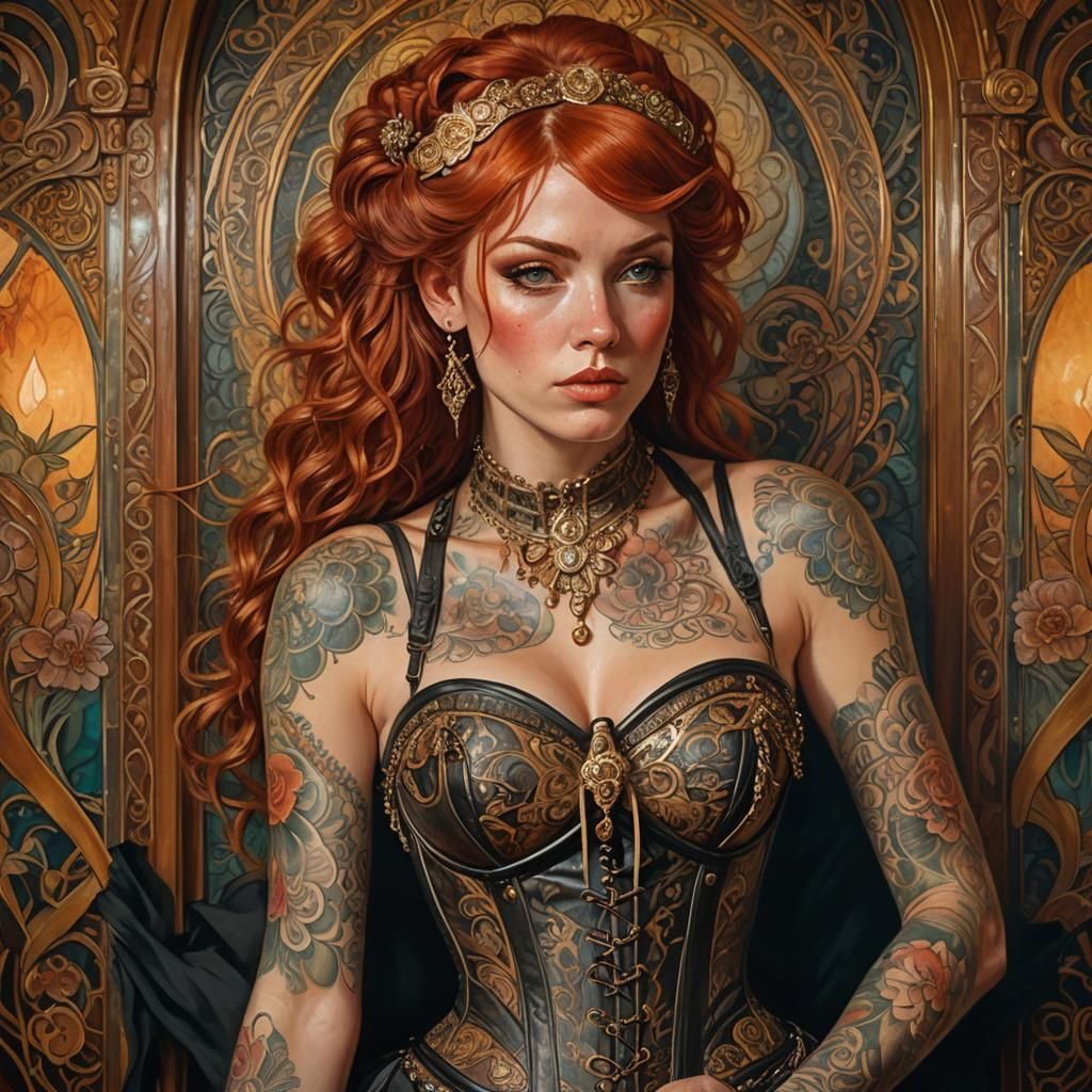 Tattooed Woman in Ornate Room, Art Nouveau Style