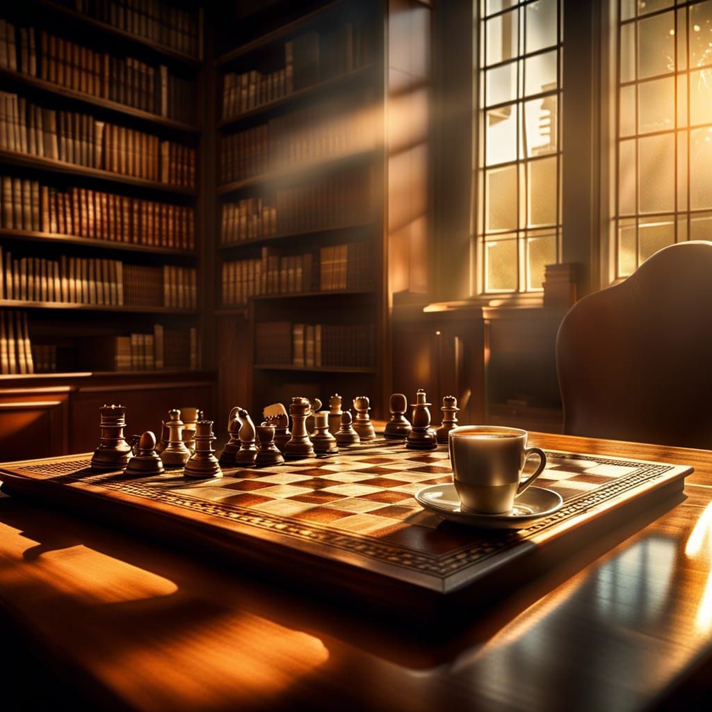 Chess Game in Sunlit Library, Atmospheric and Detailed