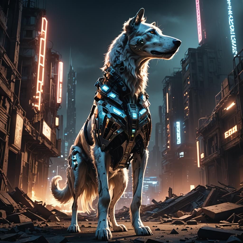 Cybernetic Borzoi in Ruins: Sci-Fi Illustration