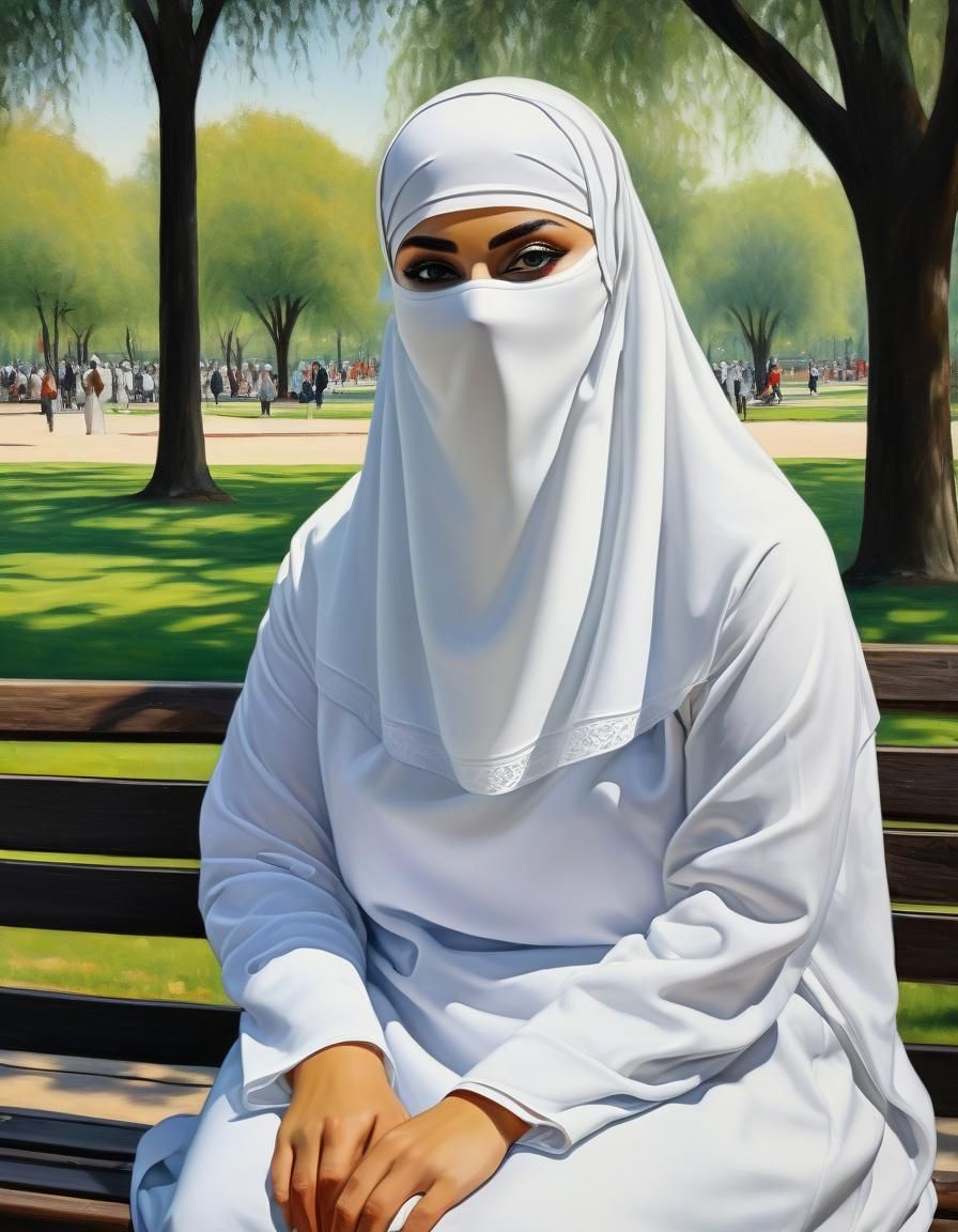 Niqabi Woman in White Dress: Oil Painting