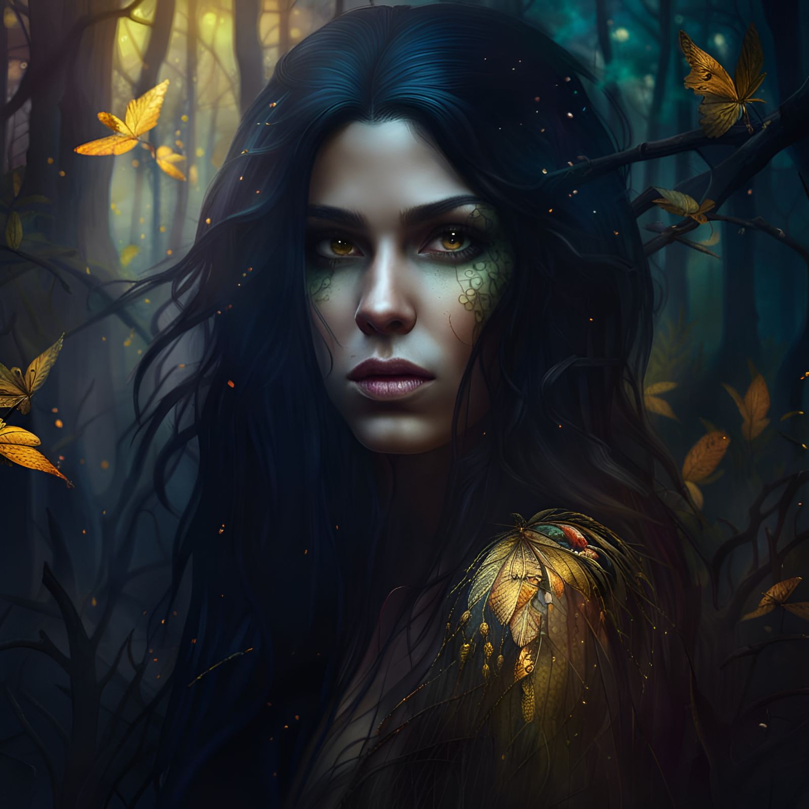 Fairy Woman with Golden Eyes in Misty Forest
