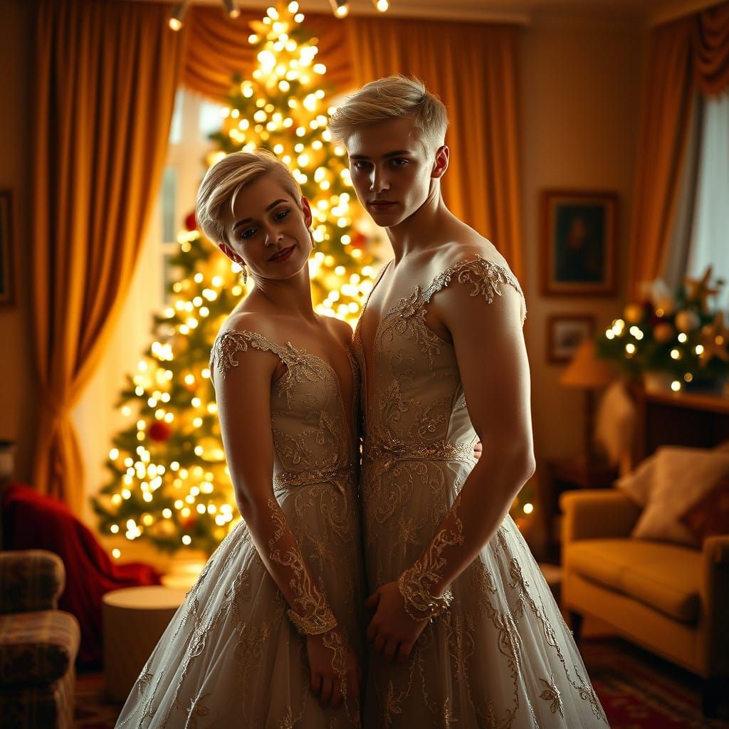 Androgynous Christmas Romance in Elegant Holiday Gowns