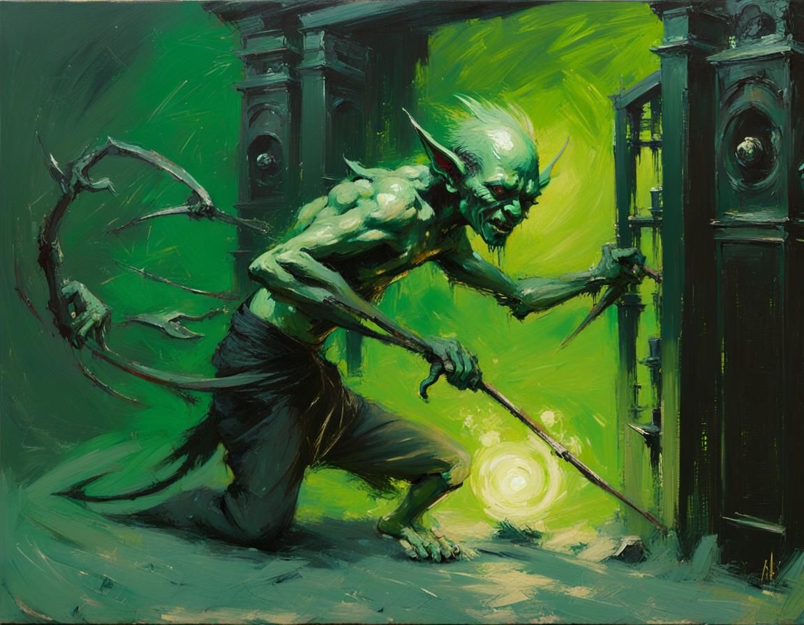 Green Graveyard Goblin with Godrays, Oil Painting Style