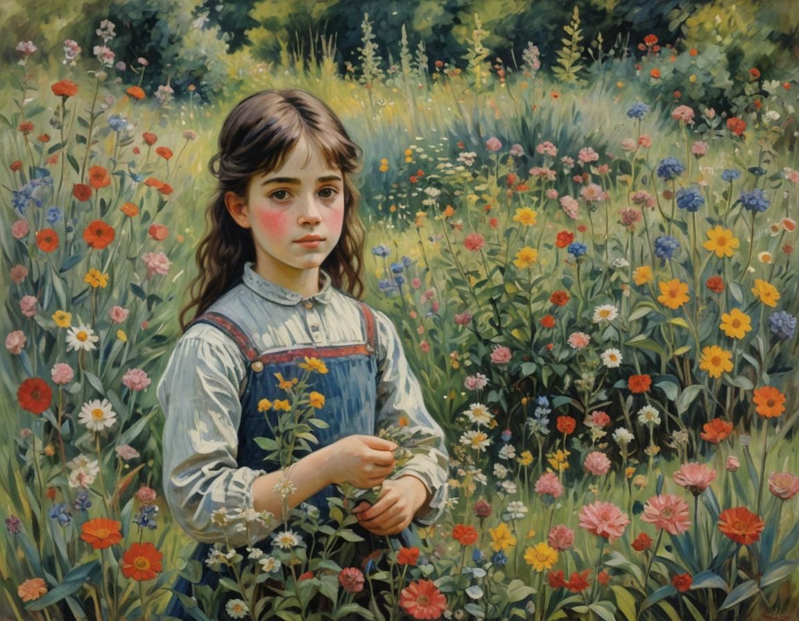 Girl with Wildflowers: An Impressionistic Garden Scene