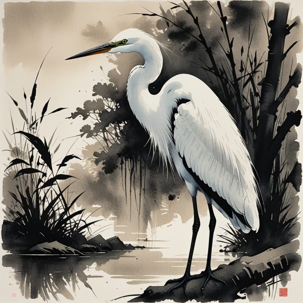 Elegant Egret in Bold Ink Wash Style