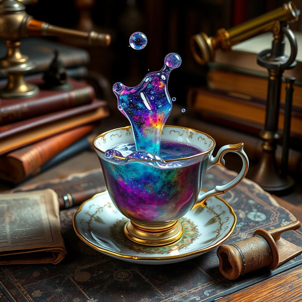 Iridescent Galaxy Spills from Antique Teacup