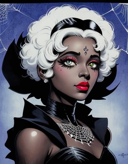 A Betty Boop :d row nun, black skin, web bikini, matching jewelry set, spider web: magic circle, eye contour web makeup,...