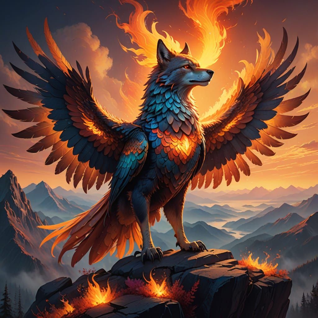 Majestic Phoenix Wolf Ascends a Misty Mountain Peak