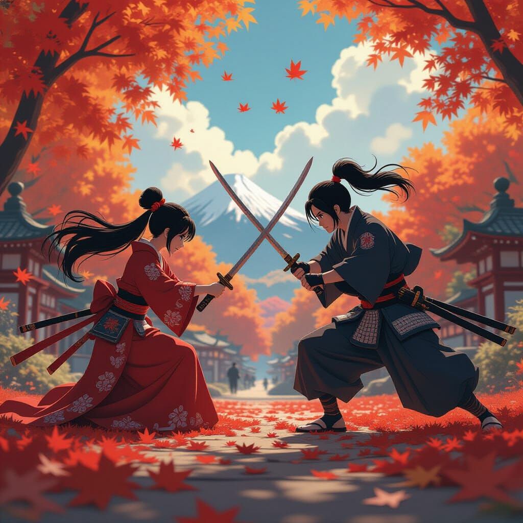 Anime Samurai Battle in Serene Autumn Landscape