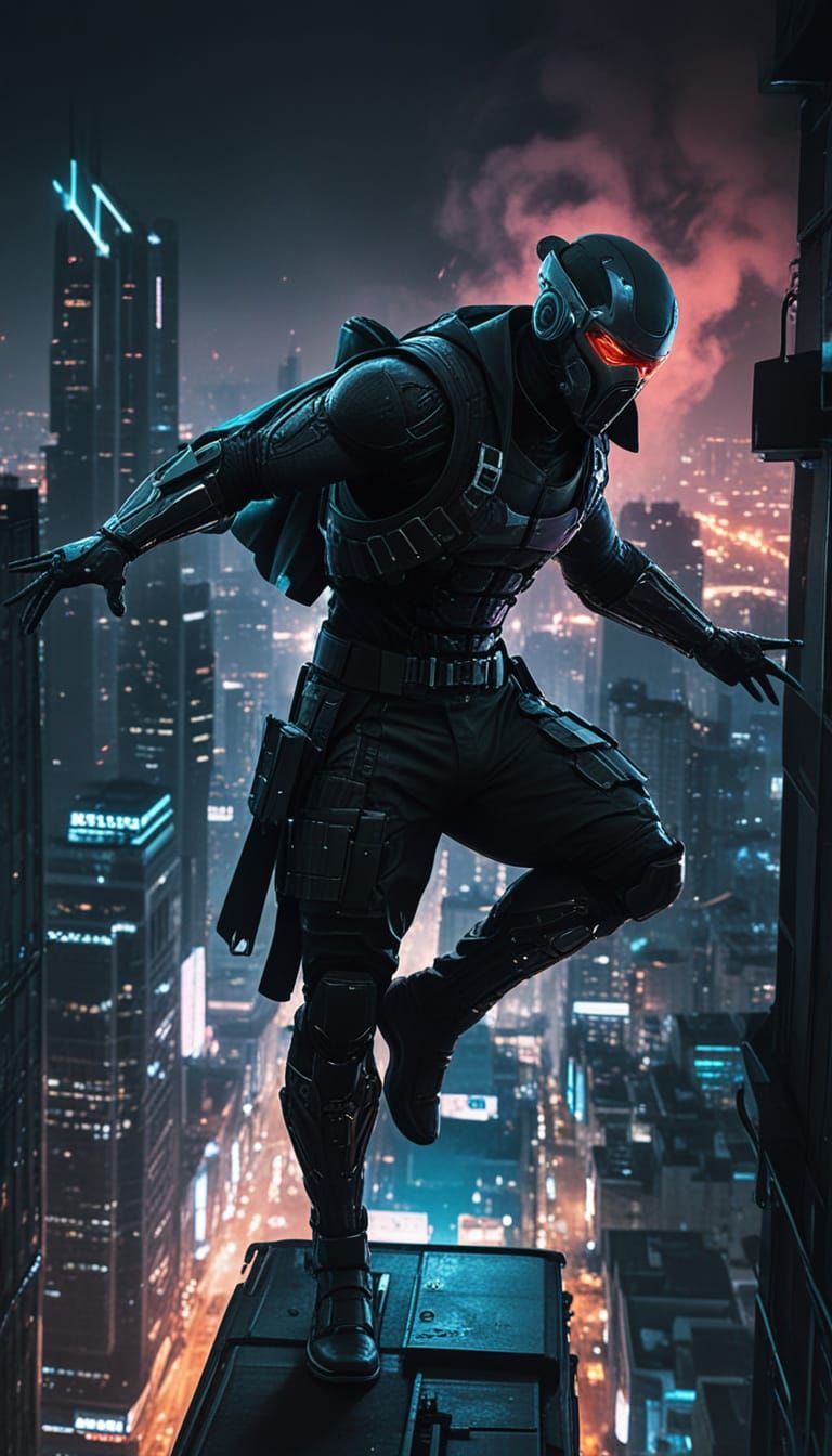 Cyber Ninja Leaps into Action Amidst Burning Cityscape at Ni...