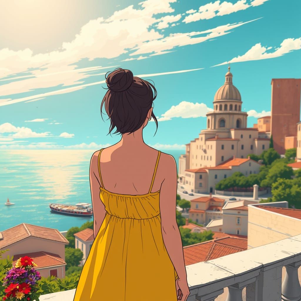Person in Pisa Gazing at Sea in Manga Style