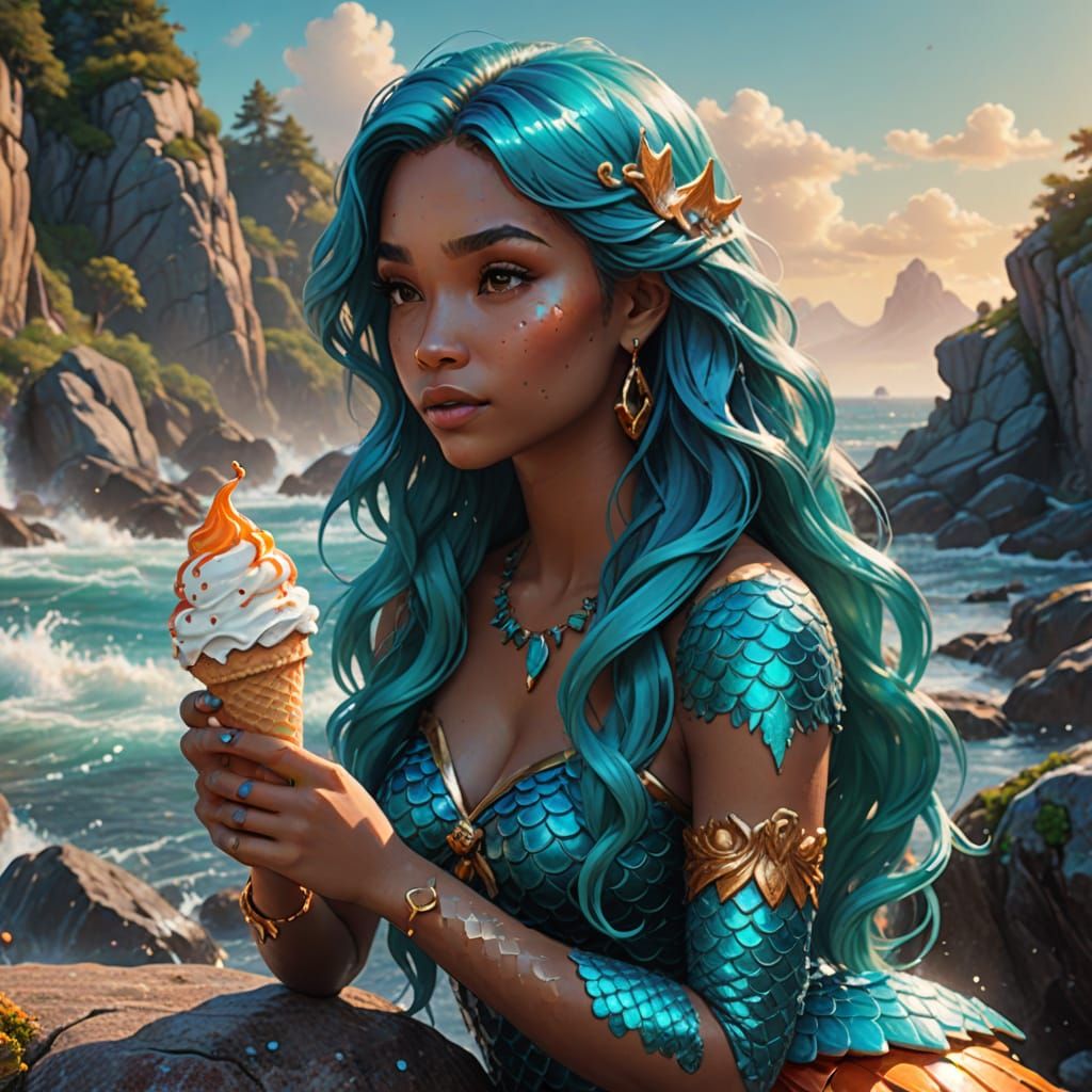Fantasy Mermaid Enjoys Ice Cream, Digital Art