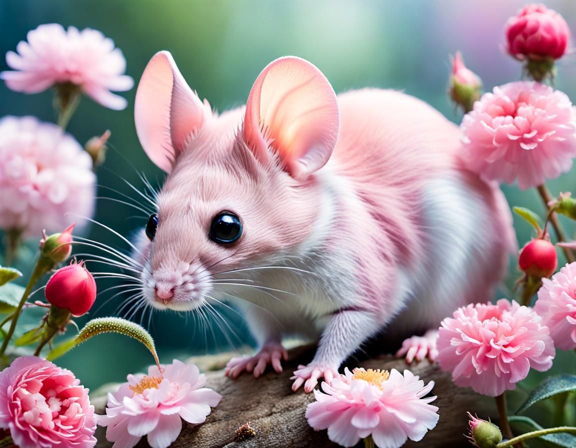 Pink Mouse in Flower Garden Watercolor Painting