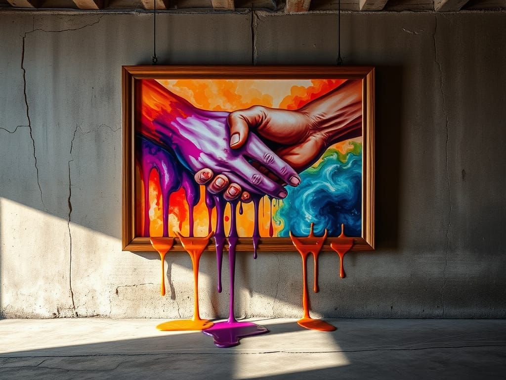 Surrealistic Painting Blends Colors in a Dreamlike Scene