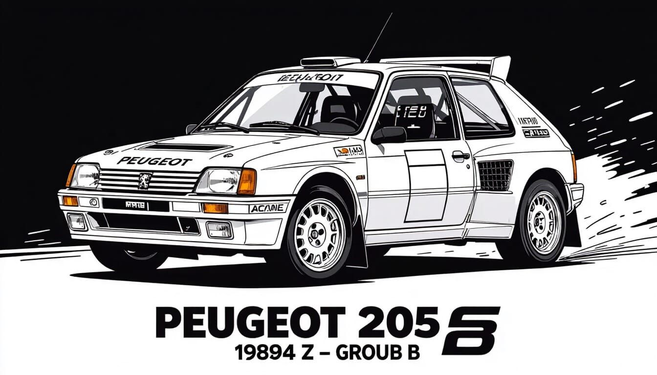 Peugeot 205 Turbo 16 Rally Car Poster Line Drawing
