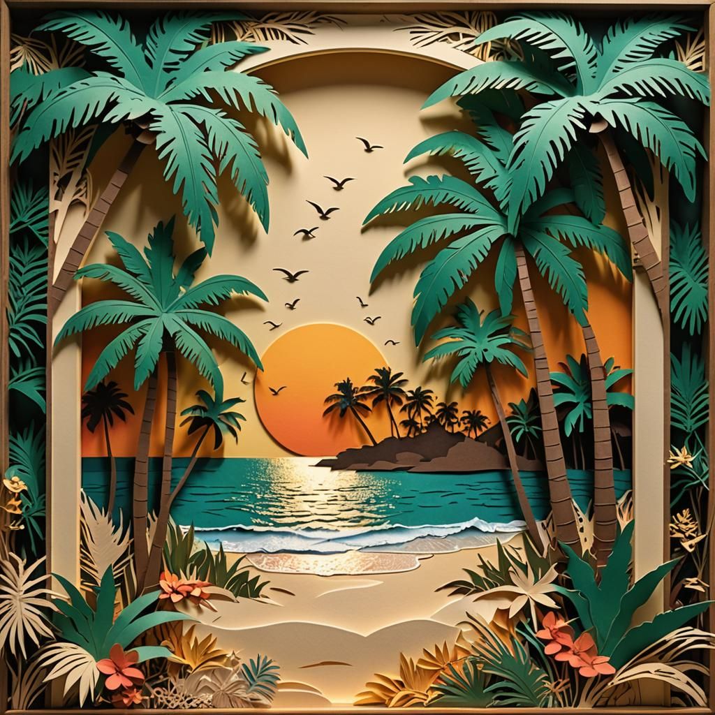 Tropical Beach Shadowbox in Mixed Media Collage Style