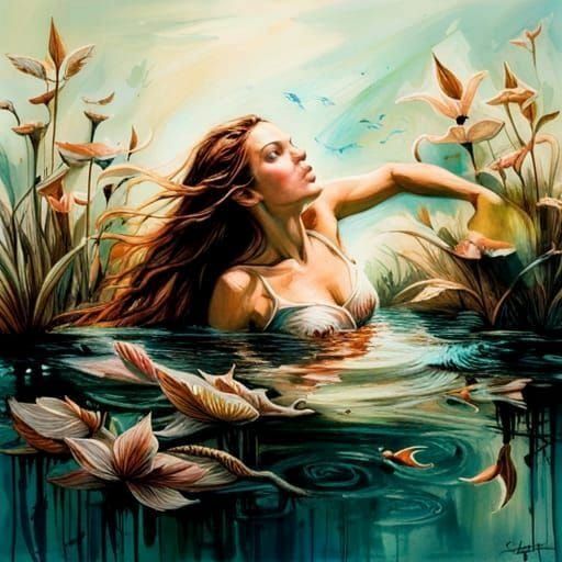Dreamlike Fantasy Queen in Pond with Fish