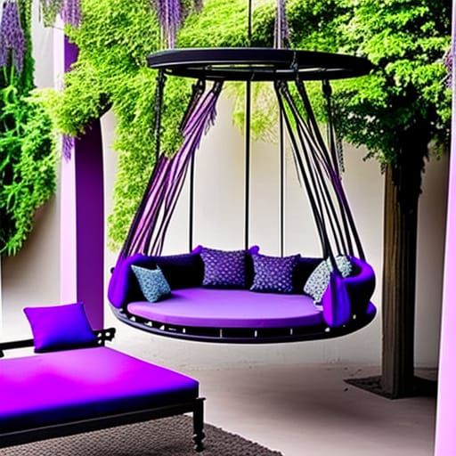 Ethereal purple and Lavender Gothic Round Swing Bed with Pergola Roof and flower Planters& gothic vibes& ethereal vibes&...
