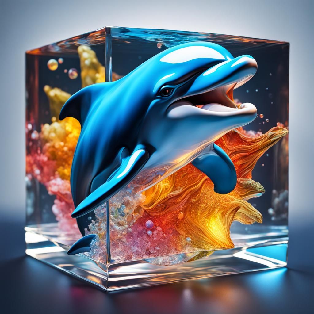 Dolphin Encased in Crystal Cube: Hyperrealistic Splash Art