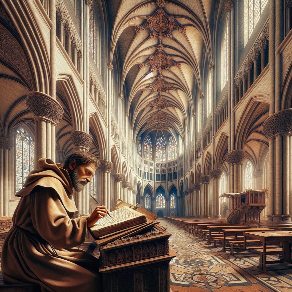 Medieval Monk Transcribing Manuscript in Gothic Cathedral