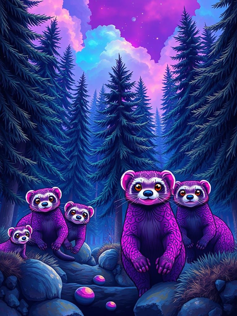 Neon Ferrets in Mystical Forest, Surrealist Fantasy