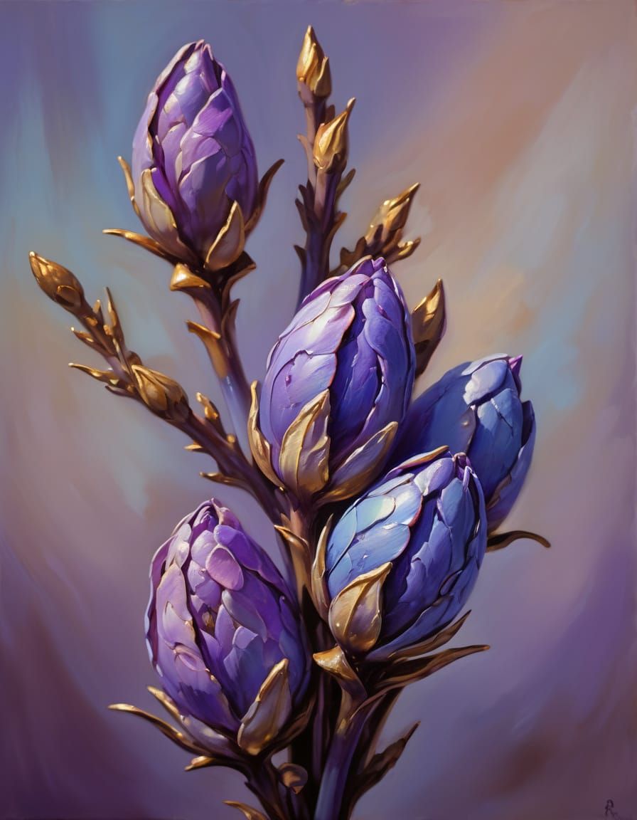 (Flower bud cluster emerging from sheath)

A surreal, painte...