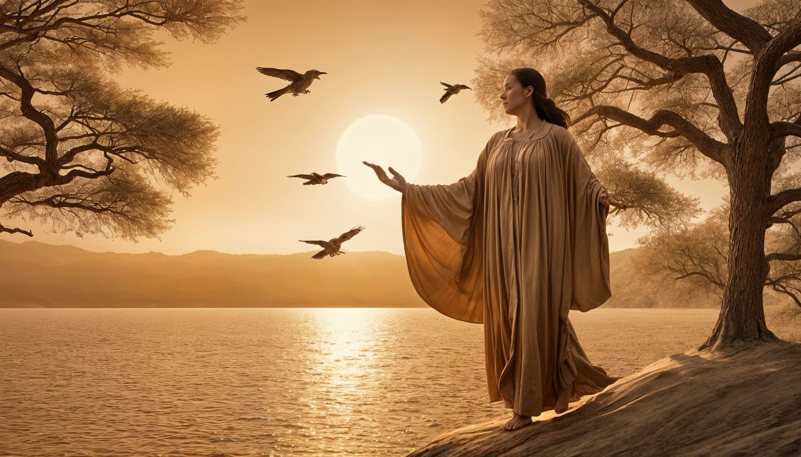 Woman Gliding in Sepia Sky: Cedar Wood Carving