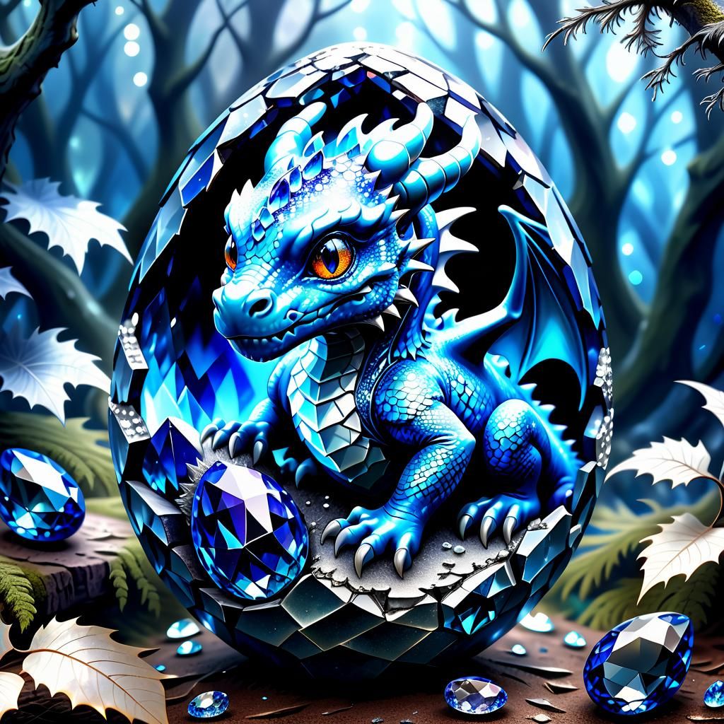 Blue Baby Dragon in Sapphire Egg with Fractal Gems