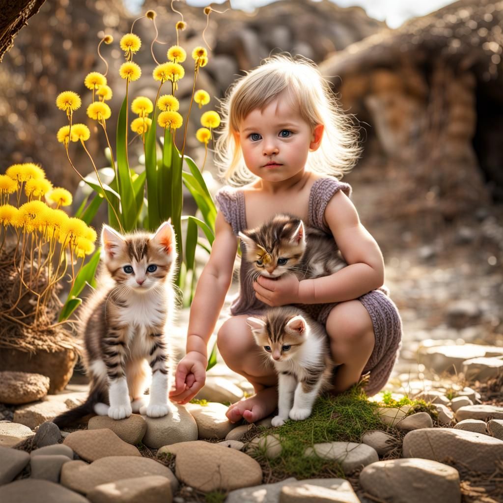 Elven Children and Kittens in a Desert Garden