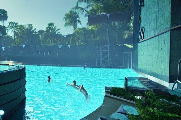 Giant Clock Submerged in Teal Swimming Pool
