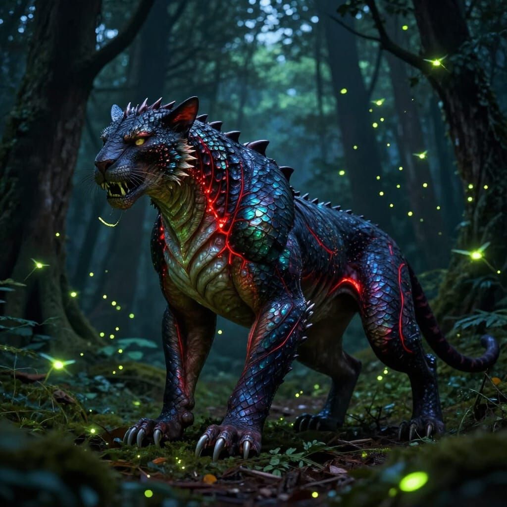 Mythical Forest Creature with Dragon Head at Night