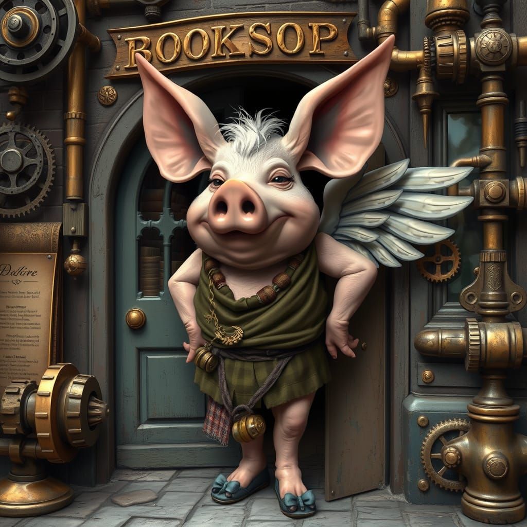 Steampunk Pig with Wings Beside a Bookshop